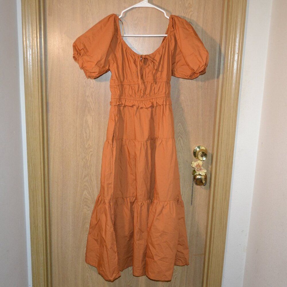 Skies Are Blue 100% Cotton Orange Puff‑Sleeve Tiered Midi Ren Faire Summer Dress - Picture 12 of 12